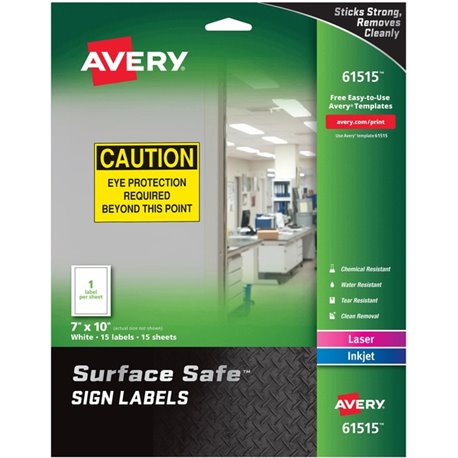 Avery 7"x10" Removable Label Safety Signs - 7" Width x 10" Length - Removable Adhesive - Rectangle - Laser, Inkjet - White - Fil