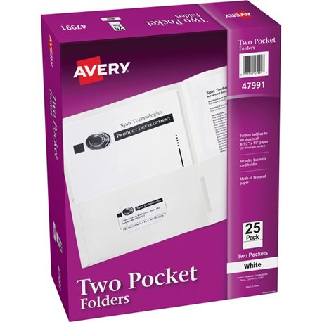 Avery Letter Pocket Folder - 8 1/2" x 11" - 40 Sheet Capacity - 2 Internal Pocket(s) - Paper - White - 0% Recycled - 25 / Box