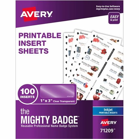 The Mighty Badge The Mighty Badge Printable Insert Sheets, 100 Clear Inserts, Inkjet - 1" x 3" - 100 / Pack - Printable, Non-adh