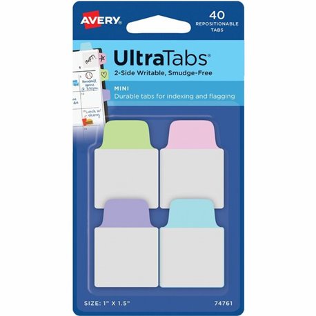 Avery Ultra Tabs File Tab - 40 Tab(s) - 1.50" Tab Height x 1" Tab Width - Clear Film, Pastel Purple Paper, Pastel Blue, Pastel P