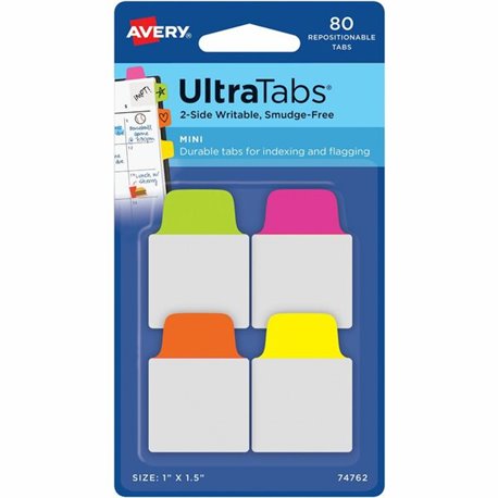 Avery Mini Ultra Tabs - 80 Tab(s) - 1.50" Tab Height x 1" Tab Width - Clear Film, Neon Pink Paper, Neon Yellow, Neon Green, Neon