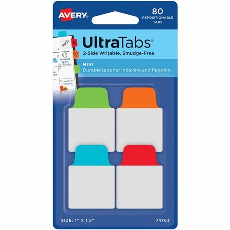 Avery Mini Ultra Tabs - 80 Tab(s) - 1.50" Tab Height x 1" Tab Width - Red Film, Clear Paper, Blue, Orange, Green Tab(s) - 80 / P