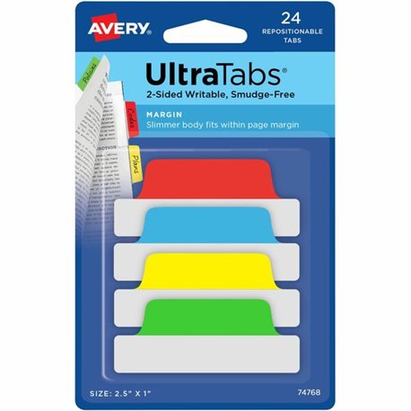 Avery 2-sided Writable Margin Ultra Tabs - 24 Tab(s) - 1" Tab Height x 2.50" Tab Width - Red Film, Clear Paper, Yellow, Green, B