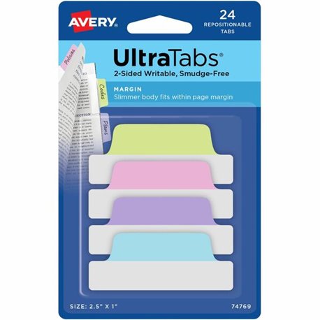 Avery Ultra Tabs File Tab - 24 Tab(s) - 1" Tab Height x 2.50" Tab Width - Clear Film, Pastel Blue Paper, Pastel Pink, Pastel Pur