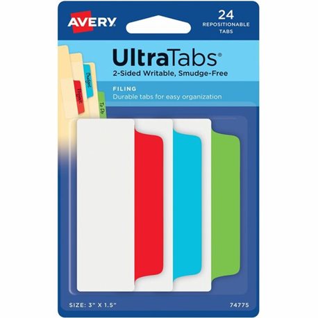 Avery Ultra Tabs File Tab - 1152 Tab(s) - 1.50" Tab Height x 3" Tab Width - Red Film, Clear Paper, Blue, Green Tab(s) - 48 / Car