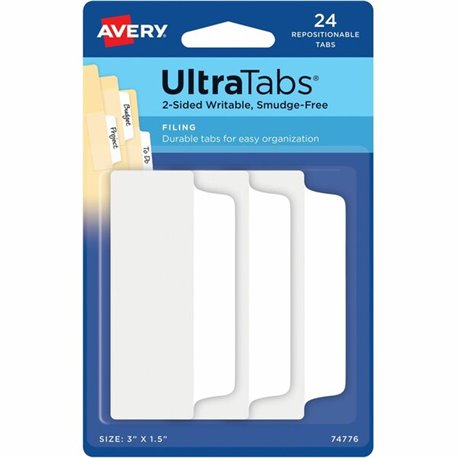 Avery UltraTabs Filing Tabs - 24 Tab(s) - 1.50" Tab Height x 3" Tab Width - Clear Film, White Paper Tab(s) - 24 / Pack