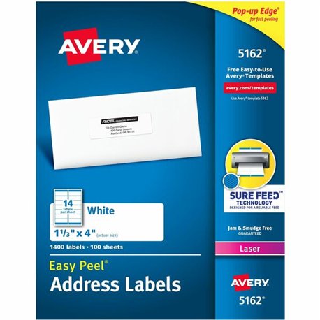 Avery Easy Peel Mailing Laser Labels - 1 21/64" Width x 4" Length - Permanent Adhesive - Rectangle - Laser - White - Paper - 14 