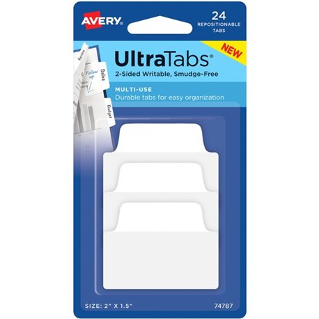 Avery Ultra Tabs Repositionable Multi-Use Tabs - 24 Tab(s) - 8 Tab(s)/Set - Clear Film, White Paper Tab(s) - 3