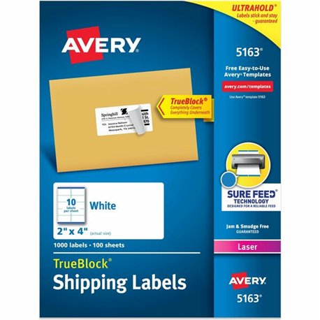 Avery Shipping Labels, Sure Feed, 2" x 4" 1,000 White Labels (5163) - 2" Width x 4" Length - Permanent Adhesive - Rectangle - La