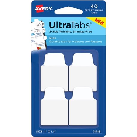 Avery Ultra Tabs Repositionable Mini Tabs - 40 Tab(s) - 10 Tab(s)/Set - Clear Film, White Paper Tab(s) - 4