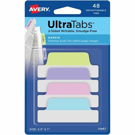 Avery UltraTabs Repositionable Margin Tabs - 48 Tab(s) - 1" Tab Height x 2.50" Tab Width - Clear Film, Pastel Blue Paper, Pastel