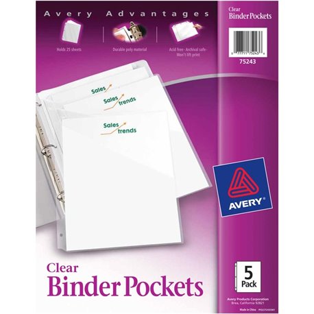 Avery Durable Letter Vinyl File Pocket - 8 1/2" x 11" - 20 Sheet Capacity - 3 Pocket(s) - Polypropylene - Clear - 5 / Pack