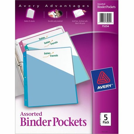 Avery Durable Letter Vinyl File Pocket - 8 1/2" x 11" - 20 Sheet Capacity - 3 Pocket(s) - Polypropylene - Assorted - 5 / Pack