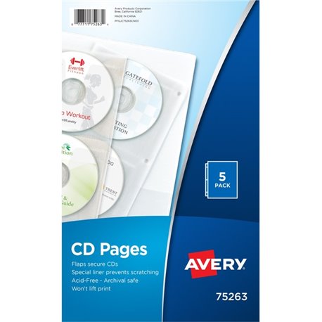 Avery CD Pages - 4 x CD/DVD Capacity - 3 x Holes - Ring Binder - Top Loading - Clear - Polypropylene - 5 / Pack