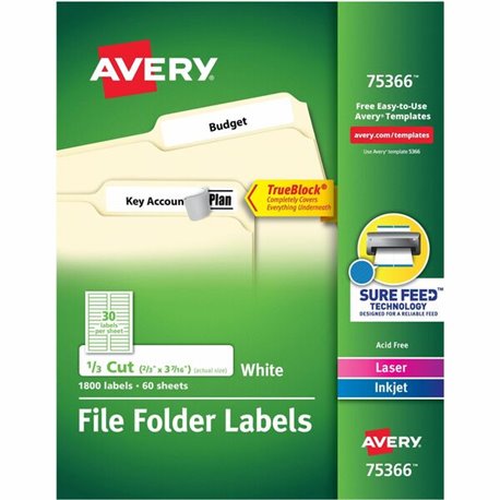 Avery TrueBlock File Folder Labels - 21/32" Width x 3 7/16" Length - Permanent Adhesive - Rectangle - Laser, Inkjet - White - Pa