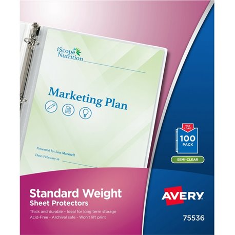 Avery Standard Weight Sheet Protectors - Sheet Capacity - For Letter 8 1/2" x 11" Sheet - Ring Binder - Top Loading - Clear - Po