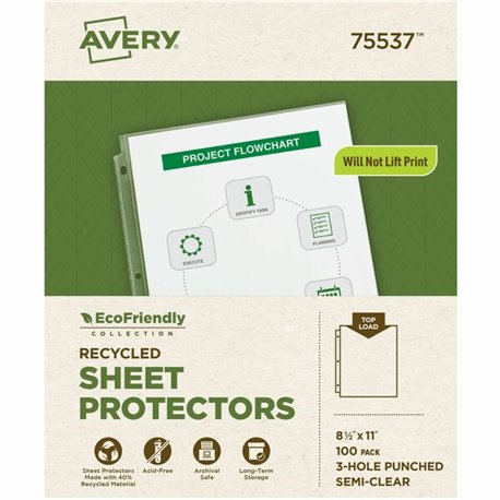 Avery EcoFriendly Economy Sheet Protectors, 100ct (75537) - For Letter 8 1/2" x 11" Sheet - 3 x Holes - Ring Binder - Top Loadin