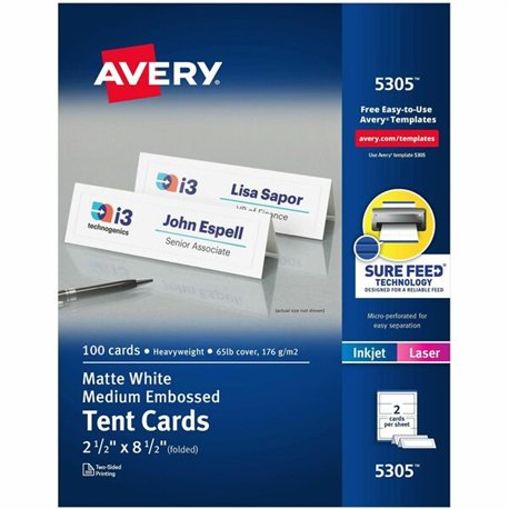 Avery Medium Tent Cards for Laser and Inkjet Printers, 2�" x 8�" - 97 Brightness - 2 1/2" x 8 1/2" - 100 / Box - Perforated, Hea