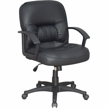 Lorell Tufted Managerial Mid-Back Office Chair - Black Leather Seat - Black Frame - 5-star Base - Black - 1 Each