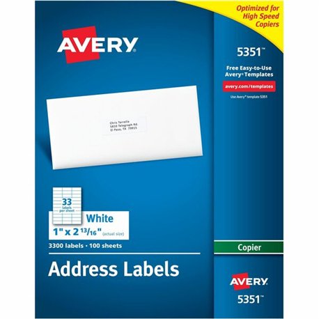 Avery Copier Address Labels - 1" Width x 2 13/16" Length - Permanent Adhesive - Rectangle - White - Paper - 33 / Sheet - 100 Tot