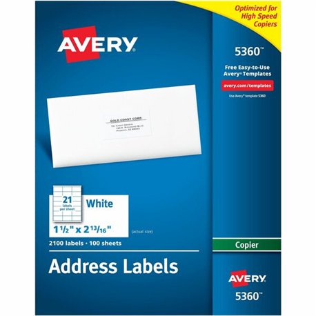 Avery Copier Address Labels - 1 1/2" Width x 2 13/16" Length - Permanent Adhesive - Rectangle - White - Paper - 21 / Sheet - 100
