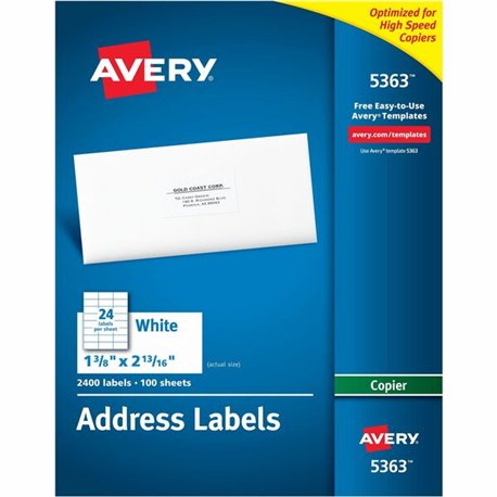 Avery Copier Address Labels - 1 3/8" Width x 2 13/16" Length - Permanent Adhesive - Rectangle - White - Paper - 24 / Sheet - 100