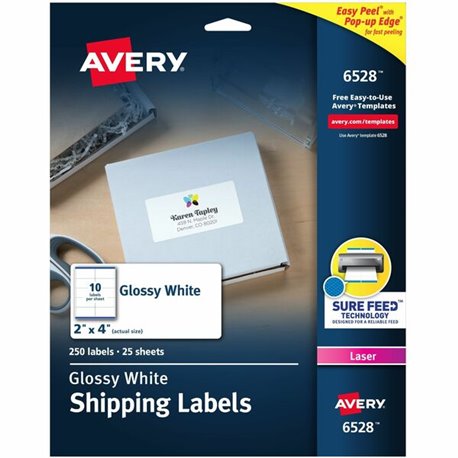 Avery Shipping Labels, Glossy White, 2" x 4" , 250 Total (6528) - 2" Width x 4" Length - Permanent Adhesive - Rectangle - Laser 