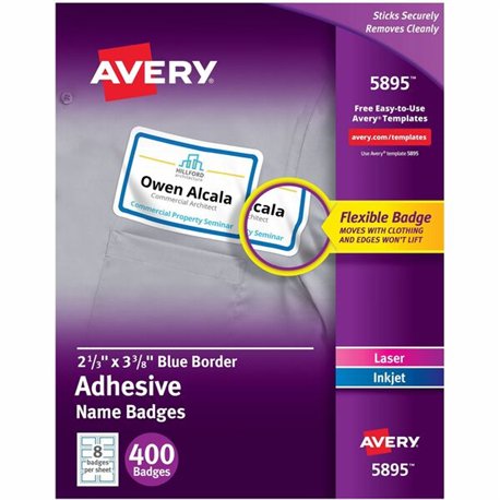 Avery Adhesive Name Badges - 2 21/64" Width x 3 3/8" Length - Removable Adhesive - Rectangle - Laser, Inkjet - White, Blue - Fil