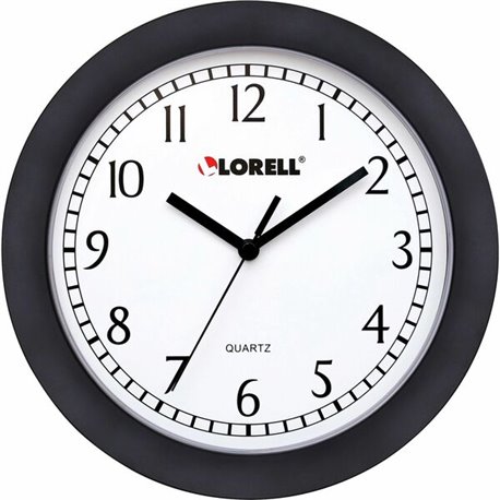 Lorell 9" Round Wall Clock - Analog - Quartz - White Main Dial - Black/Plastic Case