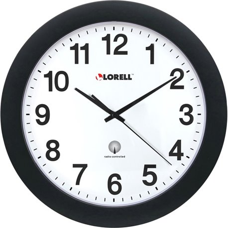 Lorell 12" Round Radio-Controlled Wall Clock - Analog - Quartz - White Main Dial - Black/Plastic Case