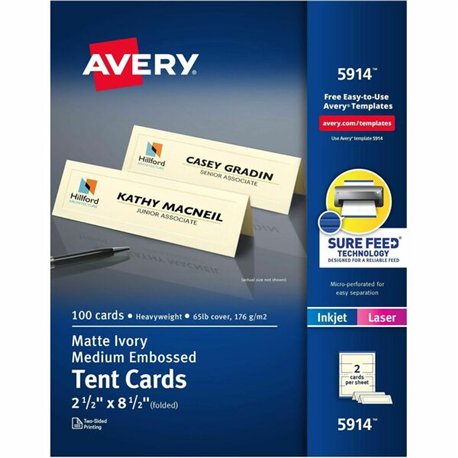 Avery Sure Feed Embossed Tent Cards - 79 Brightness - 2 1/2" x 8 1/2" - Embossed - 1 / Pack - Rounded Corner, Heavyweight - Ivor