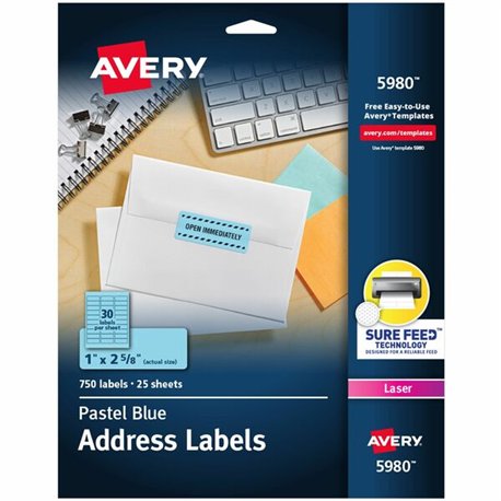Avery Shipping Labels - 1" Width x 2 5/8" Length - Permanent Adhesive - Rectangle - Laser - Pastel Blue - Paper - 30 / Sheet - 2