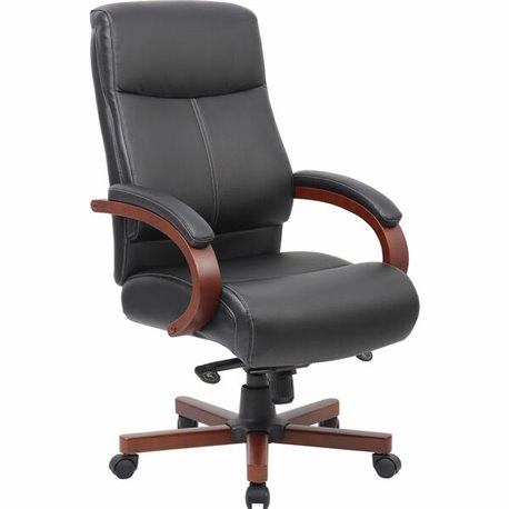 Lorell Executive High-Back Wood Finish Office Chair - Black Bonded Leather Seat - Black Bonded Leather Back - High Back - Black,