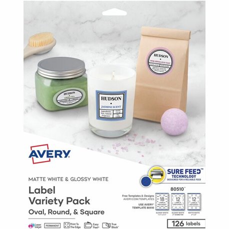 Avery Sure Feed Label Variety Pack - Permanent Adhesive - Assorted, Round, Oval, Square - Laser, Inkjet - White - Paper - 14 / S