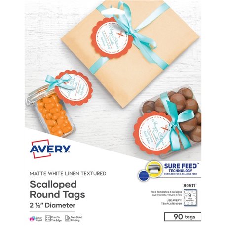 Avery Textured Round Scallop Tags - 2.50" Diameter - Round Scallop - 5 / Carton - Card Stock, Metal - White