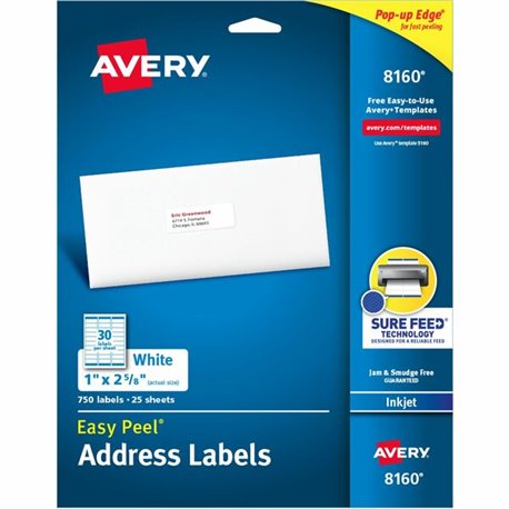 Avery Easy Peel Address Labels with Sure Feed Technology - 1" Width x 2 5/8" Length - Permanent Adhesive - Rectangle - Inkjet - 