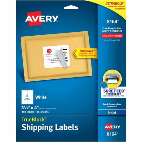 Avery Shipping Labels, Sure Feed, 3-1/3" x 4" , 150 White Labels (8164) - 3 21/64" Width x 4" Length - Permanent Adhesive - Rect