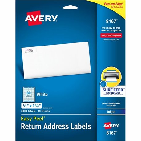 Avery Easy Peel White Inkjet Mailing Labels - 1 3/4" Width x 1/2" Length - Permanent Adhesive - Rectangle - Inkjet - White - Pap