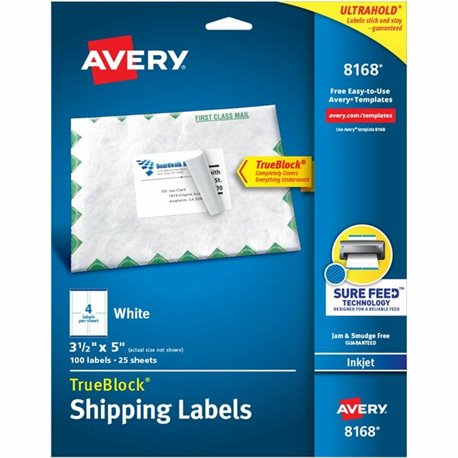 Avery Shipping Labels, Sure Feed, 3-1/2" x 5" , 100 Labels (8168) - 3 1/2" Width x 5" Length - Permanent Adhesive - Rectangle - 