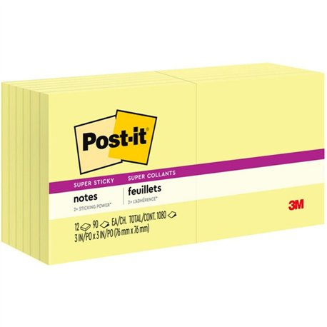 Post-it Super Sticky Notes - 1080 - 3" x 3" - Square - 90 Sheets per Pad - Unruled - Canary Yellow - Paper - Self-adhesive - 12 