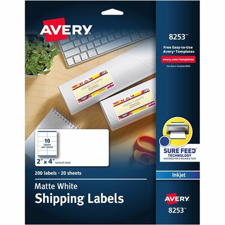 Avery White Shipping Labels, Sure Feed, 2" x 4" , 200 Labels (8253) - 2" Width x 4" Length - Permanent Adhesive - Rectangle - In