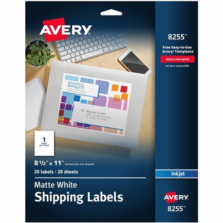 Avery White Shipping Labels, 8-1/2" x 11" , 20 Labels (8255) - 8 1/2" Width x 11" Length - Permanent Adhesive - Inkjet - White -