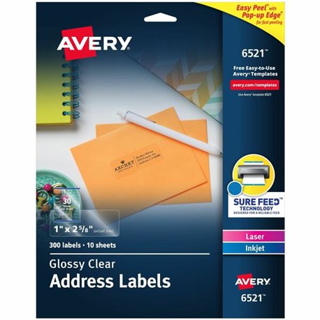 Avery Easy Peel High Gloss Clear Mailing Labels - 1" Width x 2 5/8" Length - Permanent Adhesive - Rectangle - Laser, Inkjet - Cl