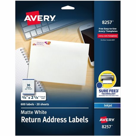 Avery White Return Address Labels, Sure Feed, 3/4" x 2-1/4" , 600 Labels (8257) - 3/4" Width x 2 1/4" Length - Permanent Adhesiv