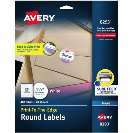 Avery High Visibility Round Labels - - Width1 1/2" Diameter - Permanent Adhesive - Round - Inkjet - Matte - White - Paper - 20 /