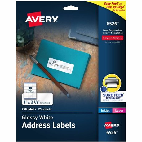 Avery Address Labels, Glossy White, 1" x 2-5/8" , 750 Total (6526) - 1" Width x 2 5/8" Length - Permanent Adhesive - Rectangle -