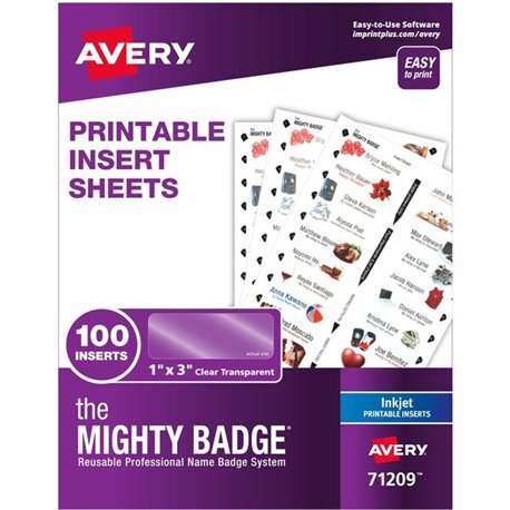 The Mighty Badge The Mighty Badge Printable Insert Sheets, 100 Clear Inserts, Inkjet - 1" x 3" - 100 / Pack - Printable, Non-adh