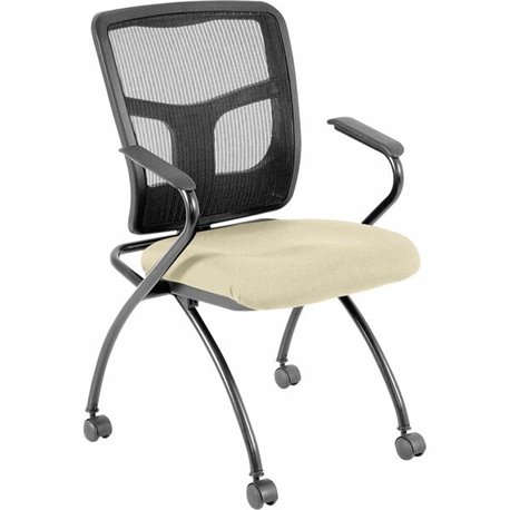 Lorell Ergomesh Nesting Chairs with Arms - Dillon Buff Antimicrobial Vinyl Seat - Black Mesh Back - Gray Powder Coated Metal Fra