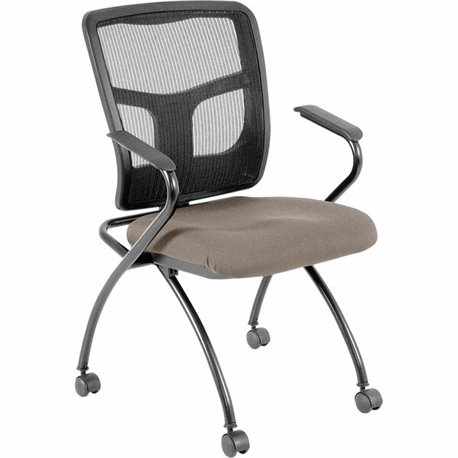 Lorell Ergomesh Nesting Chairs with Arms - Dillon Stratus Antimicrobial Vinyl Seat - Black Mesh Back - Gray Powder Coated Metal 