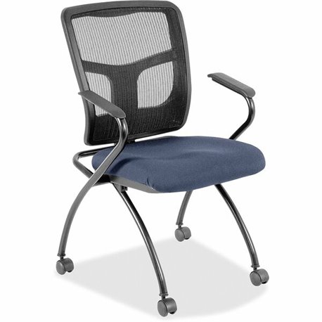 Lorell Ergomesh Nesting Chairs with Arms - Dillon Ocean Antimicrobial Vinyl Seat - Black Mesh Back - Gray Powder Coated Metal Fr